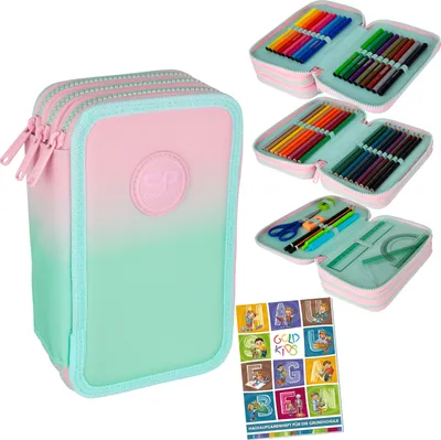 Produktbild von Federmäppchen 3 Fächer - Mäppchen für Mädchen und Jungen - Federmappe 3-Fach Federtasche Gefüllte Schüleretui 46-teilig