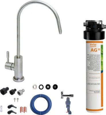 Produktbild von BieTal® Untertisch Wasserfilter Aktivkohle Set 1-Wege Hahn Edelstahl Wasserstop