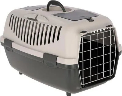 Produktbild von Famanu Transportbox für Katzen und kleine Tiere - mit Metalltür und Autosicherheitsgurt - hellgrau/dunkelgrau