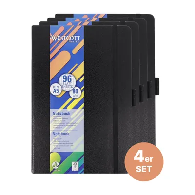 Produktbild von Westcott Notizbuch DIN A5 kariert 4-er Pack mit Innentasche, Lesezeichen, Gummizug und Stifthalter
