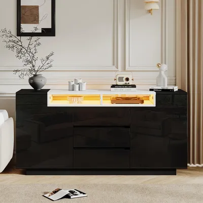 Immagine prodotto di Mobile contenitore MODFU, 140x40x68 cm, mobiletto per soggiorno con illuminazione LED, 2 ante e 3 cassetti, comò lucido con spazio contenitivo, colore nero