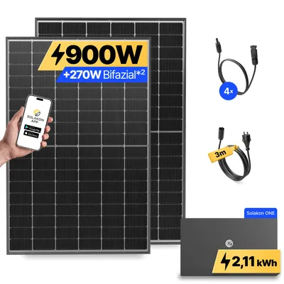 Produktbild von 900W Balkonkraftwerk mit Speicher Solakon ONE (2,11 kWh) Solaranlage Steckerfertig WIFI Komplettset Photovoltaik Anlage 800W, Kabellänge: 3m