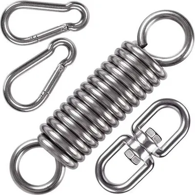 A set of stainless steel suspension hardware for hanging items like swings, hammocks, or punching bags.