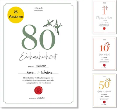 Produktbild von Frank Paperman® | 80. Hochzeitstag Geschenk | Ehejubiläum | Eichenhochzeit | Urkunde | klassisch | Geschenkideen Hochzeitstag | Vordruck in DIN-A4
