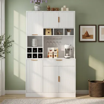 Produktbild von Merax Hochschrank mit Steckdose USB-C/-A, Buffetschrank mit Weinglashalter und Flaschenregal, Esszimmerschrank mit verstellbare Einlegeböden, Weiß