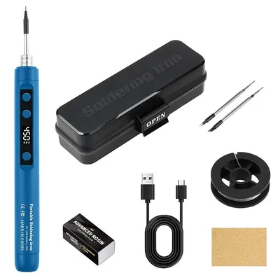 Produktbild von Kabelloser USB Lötkolben mit Akku und LCD Display – Temperatur einstellbar von 180-450°C, inkl. 3 Lötspitzen und Zubehör – Lötset für Elektronik