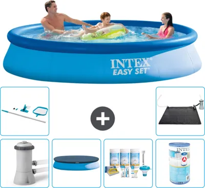 Produktbild von Intex runder aufblasbarer Easy Set-Schwimmpool – 366 x 76 cm – Blau – inklusive Pumpe Abdeckung - Wartungspaket - Filter - Reinigungskit - Solarmatte