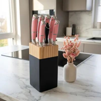 Produktbild von YARDIN 7 teilig Kochmesserset Messerblock Set Küchenmesser Edelstahl Set modern mit Kochmesser Brotmesser Universalmesser Gemüsemesser Messerschärfer Rosa