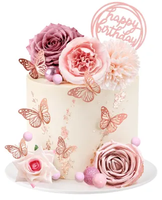 Tortendeko-Set: 27 Blumen, Schmetterlinge & Happy Birthday Topper