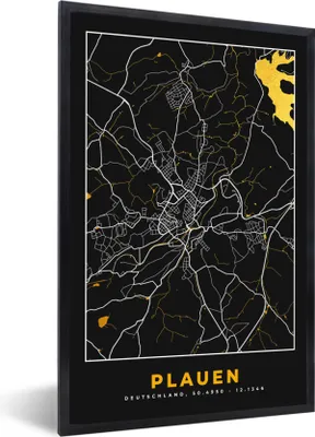 Produktbild von MuchoWow® Gerahmtes Poster Plauen - Stadtplan - Karte - Gold - Deutschland 20x30 cm - Poster mit Schwarzem Bilderrahmen Wandposter Rahmen Foto Bilder - Drucken - Bilder Poster im Rahmen