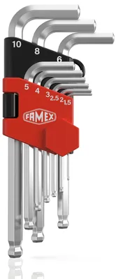 Produktbild von FAMEX 10784 Winkelschraubendreher - Innensechskantschlüssel - lang mit Kugelkopf - 1,5-10mm