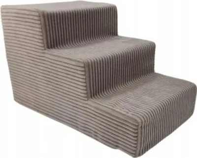 A three-step pet stair made of beige corduroy fabric, shown against a white background.