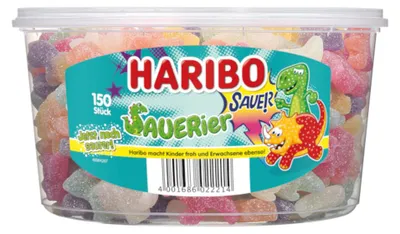 Obrázek produktu pro Haribo Sauerier 150 kusů kyselých ovocných gumových bonbónů, kulatá plechovka 1350 g