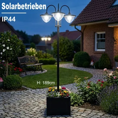 Produktbild von Solar Kandelaber 3-flammig 189cm mit Blumentopf, Solar Stehleuchte Garten mit Dämmerungssensor, IP44 Edelstahl Wegeleuchte Dimmbar (HIGH/LOW), Straßen