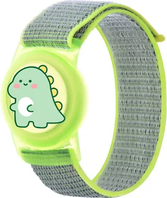 Produktbild von Hurtel AirTag-Hülle mit Band für Kinder, Nylon, fürs Handgelenk – mit Dinosaurier und grünem Band