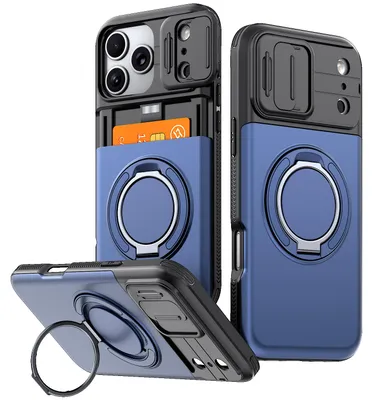 Produktbild von Handyhülle mit Kartenfach für iPhone 17 Pro, Schiebe Kameraschutz, Ringhalter Ständer, Stoßfeste Schutzhülle Blau