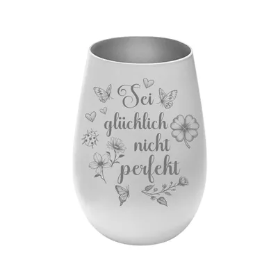Produktbild von Stölzle Lausitz Windlicht weiß silber aus Glas mit Lasergravur „Sei glücklich nicht perfekt“, persönliches Geschenk für Freunde, Familie und Partner