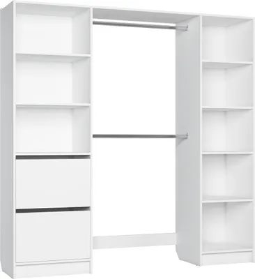A white wardrobe organizer with shelves and drawers, and a hanging rod.