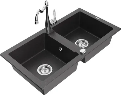 Produktbild von Mexen Mario 2-Becken-Granitspüle mit Mischbatterie Carla, Schwarz gesprenkelt - 6504-76-670700-00