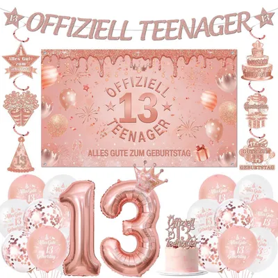 Produktbild von Geburtstagsdeko Set 13. Geburtstag Rosegold für Mädchen & Jungen - Girlande, Luftballons, Banner