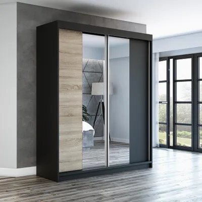 Productafbeelding van Schuifdeurenkast, 2 deuren, model ELEGANZA, 180 cm (met spiegel), zwart / sonoma / zwart