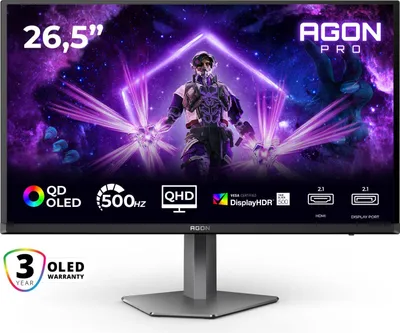 AOC AGON PRO AG276QKD2 - AG6 Series - OLED-Monitor - Gaming - 68.6 cm (27") (26.5" sichtbar) - 2560 x 1440 QHD @ 500 Hz - 1000 cd/m² - 15000000:1 - DisplayHDR 500 True Black - 0.03 ms - 2xHDMI, DisplayPort - Lautsprecher - Dunkelgrau, Schwarz