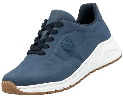 Auf dem Bild ist ein blauer Freizeitschuh zu sehen der von der Seite betrachtet wird. Der Schuh hat eine sportliche Form und eine auffällige Schnürung.