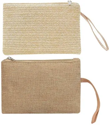 Produktbild von 1 beige gewebte Tasche, 1 khakifarbene Tragetasche, Damen-Clutch aus Stroh, Boho-Stil, sommerliche Strandtasche, Geldbörse mit Reißverschluss