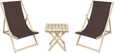 Two brown deck chairs and a small wooden table are arranged on a white background.