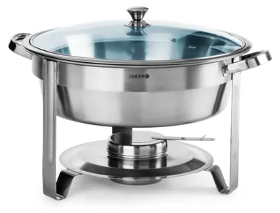 Produktbild von Runder Chafing Dish mit Glasdeckel, Brennpastenbehälter und Lebensmittelpfanne, Warmhaltebehälter, Silber, 3,5L, ø390x(H)270mm