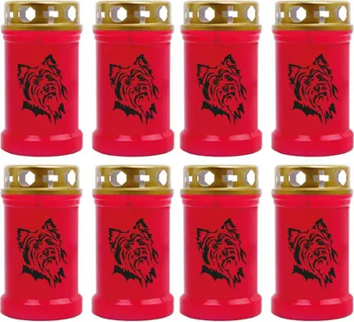 Produktbild von Grabkerze Rot 8er Pack, Brenndauer: 40 Stunden ( je Kerze ), Motiv: Terrier