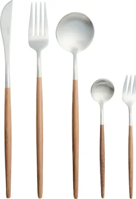Produktbild von BELIANI Besteckset 30-teilig Silber aus Edelstahl mit Holzoptik Griffen für 6 Personen inkl. Messer Gabel Löffel Kuchengabel Teelöffel Modernes Design
