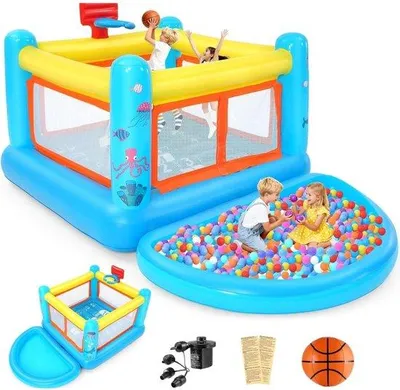 Zdjęcie produktu dla Plac zabaw wodny dla dzieci z trampoliną z balonami, zjeżdżalnią i basenem, wyposażony w wentylator i kosz do koszykówki, wymiary: 270 x 172 x 128 cm