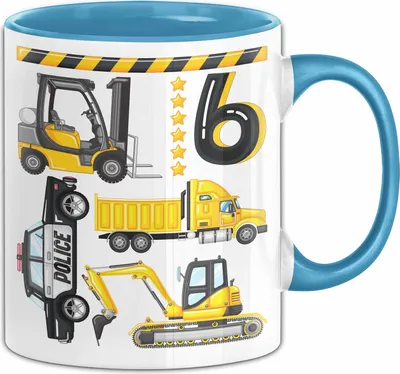 Produktbild von 6. Geburtstag Geschenk Tasse Becher Jungen Jungs Baustelle Polizei Geburtstagsgeschenk 6 (Blau)