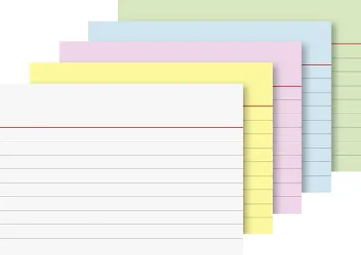 Productafbeelding van BRUNNEN 102270195: Indexkaarten, formaat A7, met lijnen, regelafstand 6 mm, rode koplijnen, grijze horizontale lijnen in de kleuren wit, geel, rood, blauw en groen