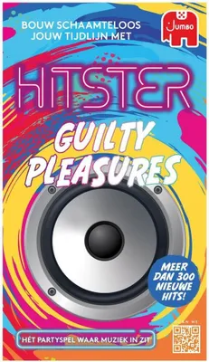 A vibrant and colorful marketing image for a music card game called Hitster Guilty Pleasures, featuring a prominent speaker graphic.
