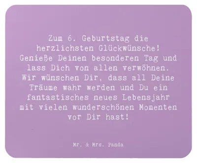 Produktbild von Mr. & Mrs. Panda Mauspad Spruch 6. Geburtstag - Lavendeltraum - Geschenk, Freunde, Alter, laptop, Geburtstagskind, Mouse Pad, mousematte, Freude, herzlichste Glückwünsche