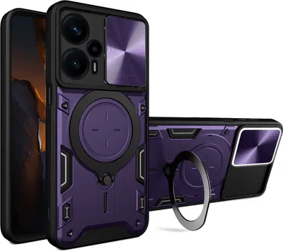 Produktbild von Handyhülle für Xiaomi Poco F5  Dual-Layer Stoßfest Rüstung Hülle mit Dia Kameraschutz und Kreisförmig Ring Ständer Lila