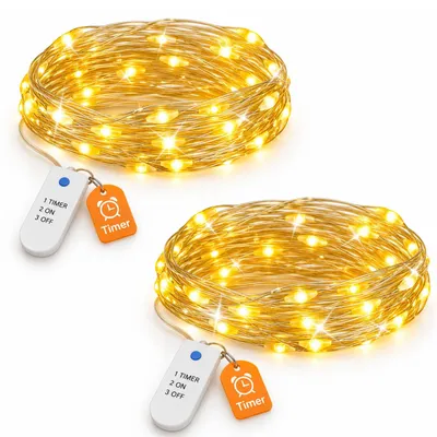 Mini-Lichtsnoer 2er-Set, 30 LEDs, 3 m, Timer, Batterie, warmweiß
