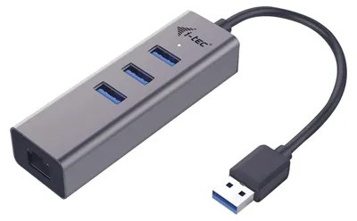Produktbild von i-tec Metal USB 3.0 HUB 3 Port + Gigabit Ethernet Adapter, USB 3.2 Gen 1 (3.1 Gen 1) Type-A, RJ-45, USB 3.2 Gen 1 (3.1 Gen 1) Type-A, 5000 Mbit/s, Grau, Metall, Link