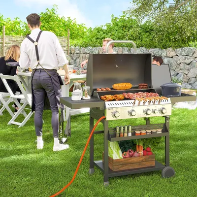 Produktbild von Gasgrill 4 Brenner mit Seitenkocher, BBQ-Grill Grillwagen, Edelstahl, Schwarz | 135 x 55 x 103 cm | 5 Piezo-Zündungen | Warmhalteplatte