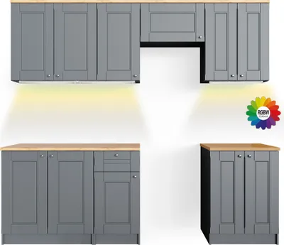 Produktbild von Küchenzeile Vicco Bergamo Edelgrau 240 cm , AP Goldkraft mit LED-Leisten, Model 51929