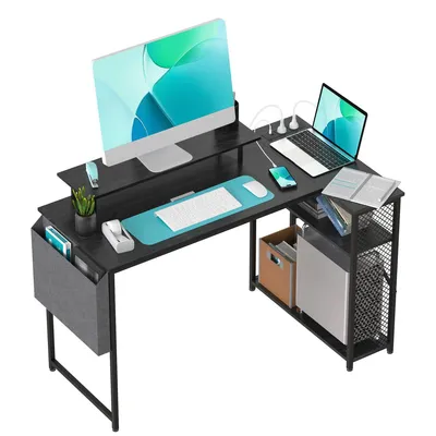 Produktbild von 100 cm L-förmiger Computertisch mit Steckdosen, Seitentasche und Monitorständer, Eckschreibtisch für Büro, Arbeitszimmer und Computerraum