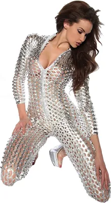 Produktbild von y Silber Metallic Damen Catsuit mit Loch-Muster, Größe:M