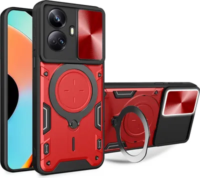 Immagine prodotto di Custodia per Realme 10 Pro+ custodia resistente a doppio strato con copertura della fotocamera e supporto ad anello rosso
