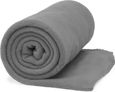 A rolled-up gray fleece blanket on a white background.