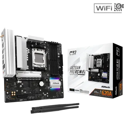 Zdjęcie produktu dla Asrock A620AM Pro RS WiFi, AMD, Gniazdo AM5, AMD Ryzen 7000 Series, AMD Ryzen 8000 Series, AMD Ryzen 9000 Series, DDR5-SDRAM, 256 GB, DIMM