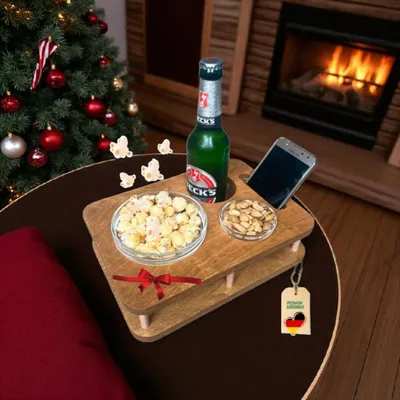 Produktbild von Couchbar Snackbox YOLO Eiche mit 2 Glasschalen - Getränkehalter für Sofa -  Sofa Butler - Snackbar für die Couch - Couch Tablett mit Getränkehalter