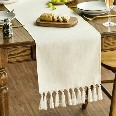 Produktbild von Artoid Mode Beige Landhausstil Quasten Tischläufer, Waschbar Küche Tisch Dekoration Party Geburtstag Hochzeit Dekor 33x183 cm