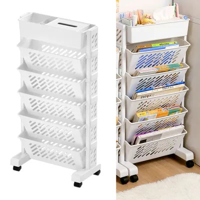 Obrázek produktu pro 39*19 *76 cm-Velká, pojízdná knihovna - 6vrstvý, otočný a vyjímatelný plastový pojízdný organizér na knihy